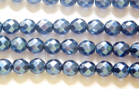 8mm Navy Pearl Czech Firepolish Faceted Glass Beads (25)
