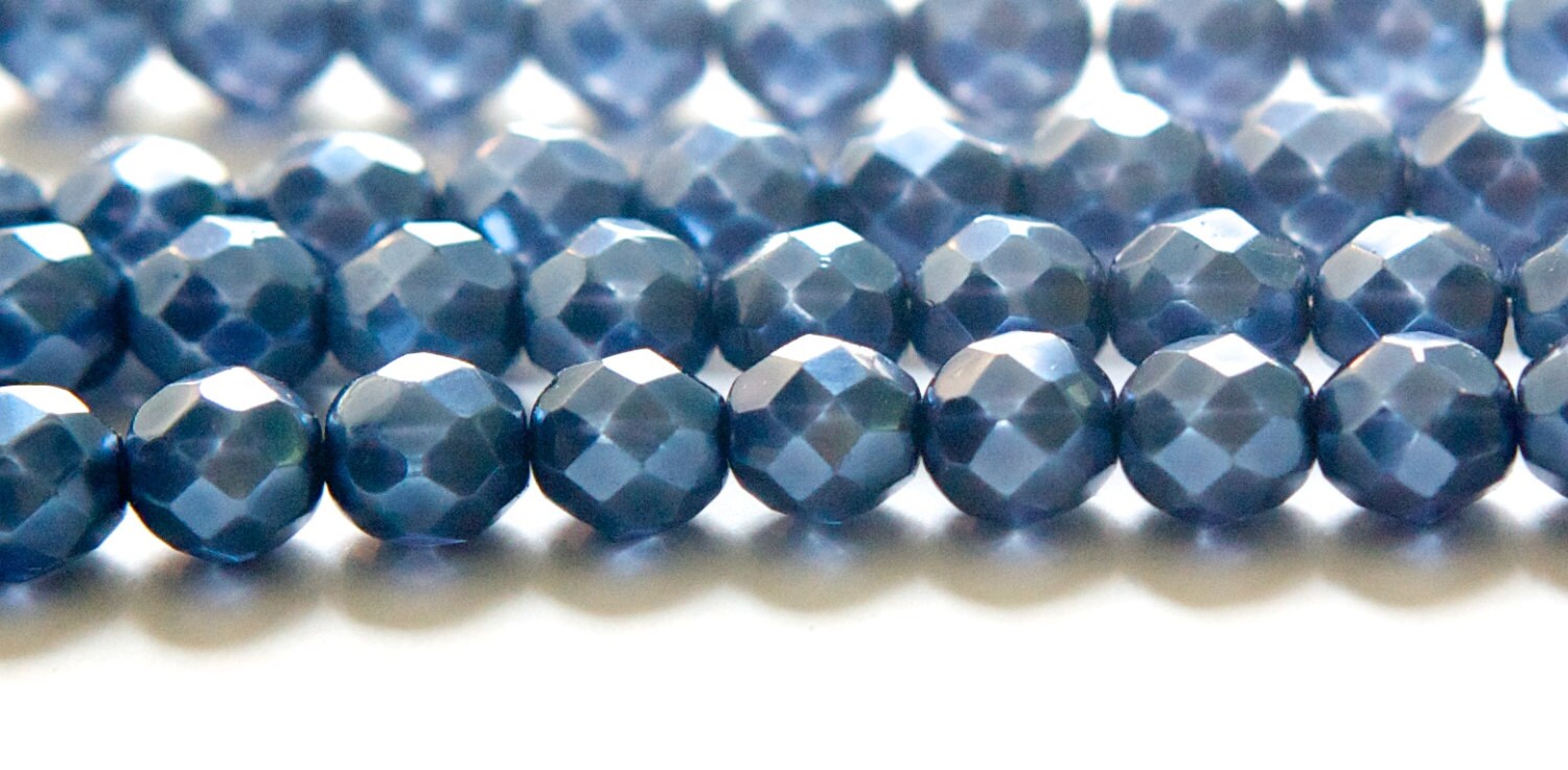 8mm Navy Pearl Czech Firepolish Faceted Glass Beads (25)