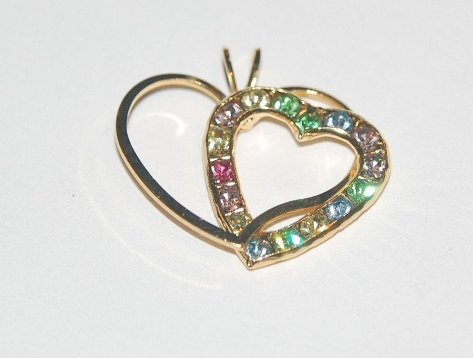 Vintage Swarovski Double Heart Pendant Multi Colored Stones pnd102A