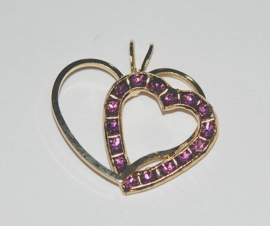 Vintage Swarovski Double Heart Pendant Amethyst Stones pnd102