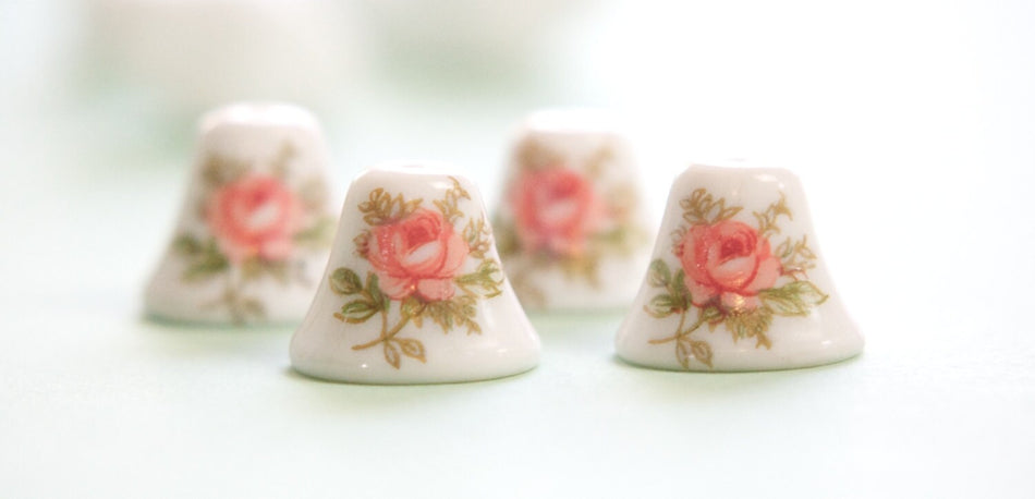 Vintage Pink Rose on White Glass Bell Beads Japan 12mm (4) jpn011A