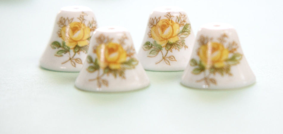 Vintage Yellow Rose on White Glass Bell Beads Japan 12mm (4) jpn011B