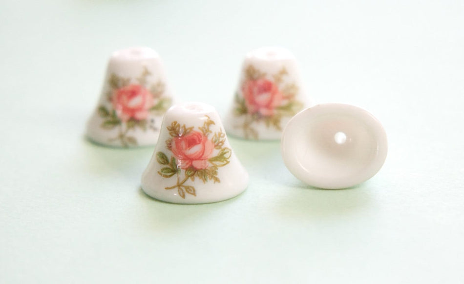 Vintage Pink Rose on White Glass Bell Beads Japan 12mm (4) jpn011A