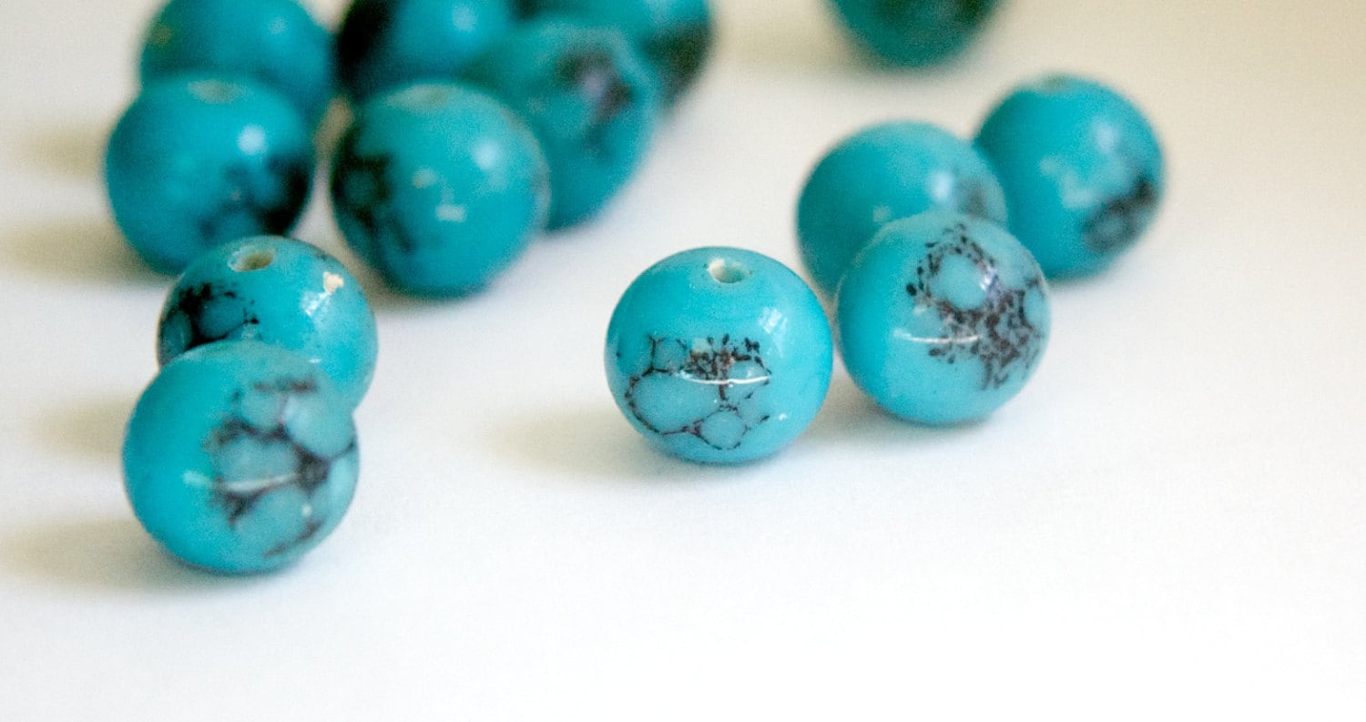 Vintage Opaque Blue Turquoise with Black Designs Glass Beads Japan 10mm (6) jpn007B