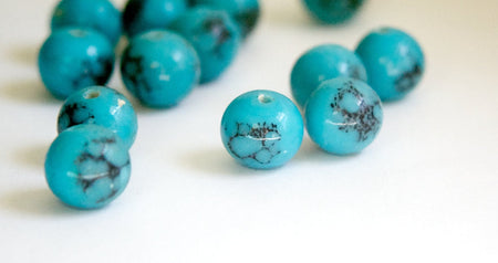 Vintage Opaque Blue Turquoise with Black Designs Glass Beads Japan 10mm (6) jpn007B