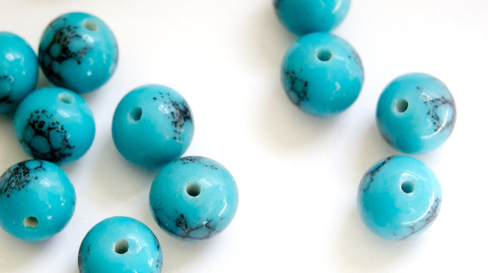 Vintage Opaque Blue Turquoise with Black Designs Glass Beads Japan 10mm (6) jpn007B