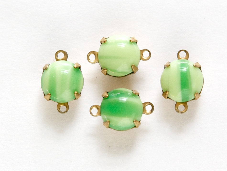 Vintage Opaque 2 Tone Green Glass Stone 2 Loop Brass Setting Drops 8.5mm (6) rnd009E2