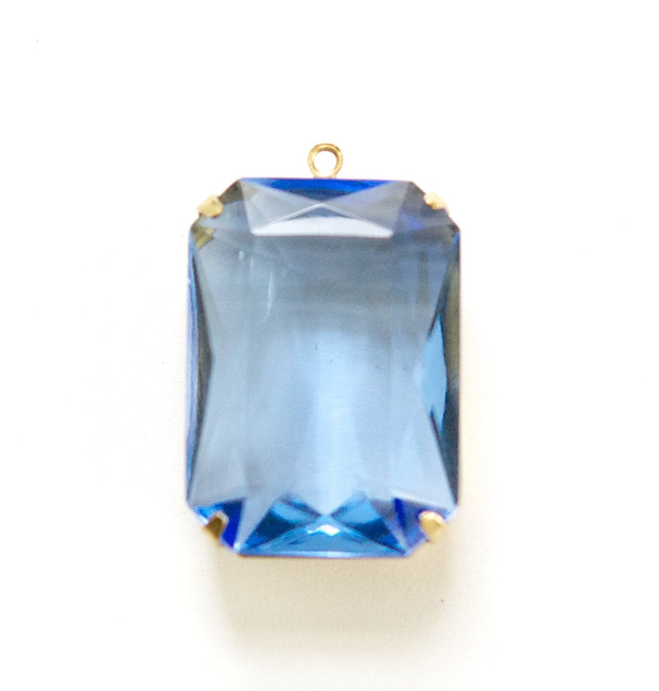 Vintage Sapphire Blue Faceted Glass 1 Loop Brass Setting 25x18mm squ012C