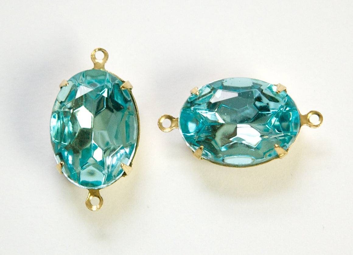 Vintage Faceted Aquamarine Stones 2 Loop Brass Setting 18x13mm ovl003UU2