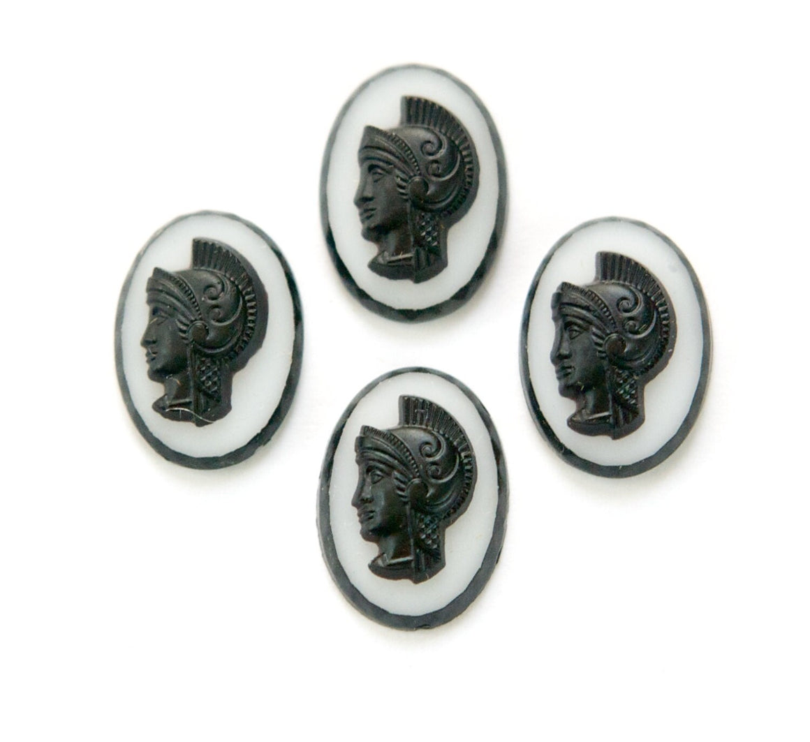 Vintage Matte Black Warrior on White Glass Cabochon 18mm x 13mm (4) cab221A