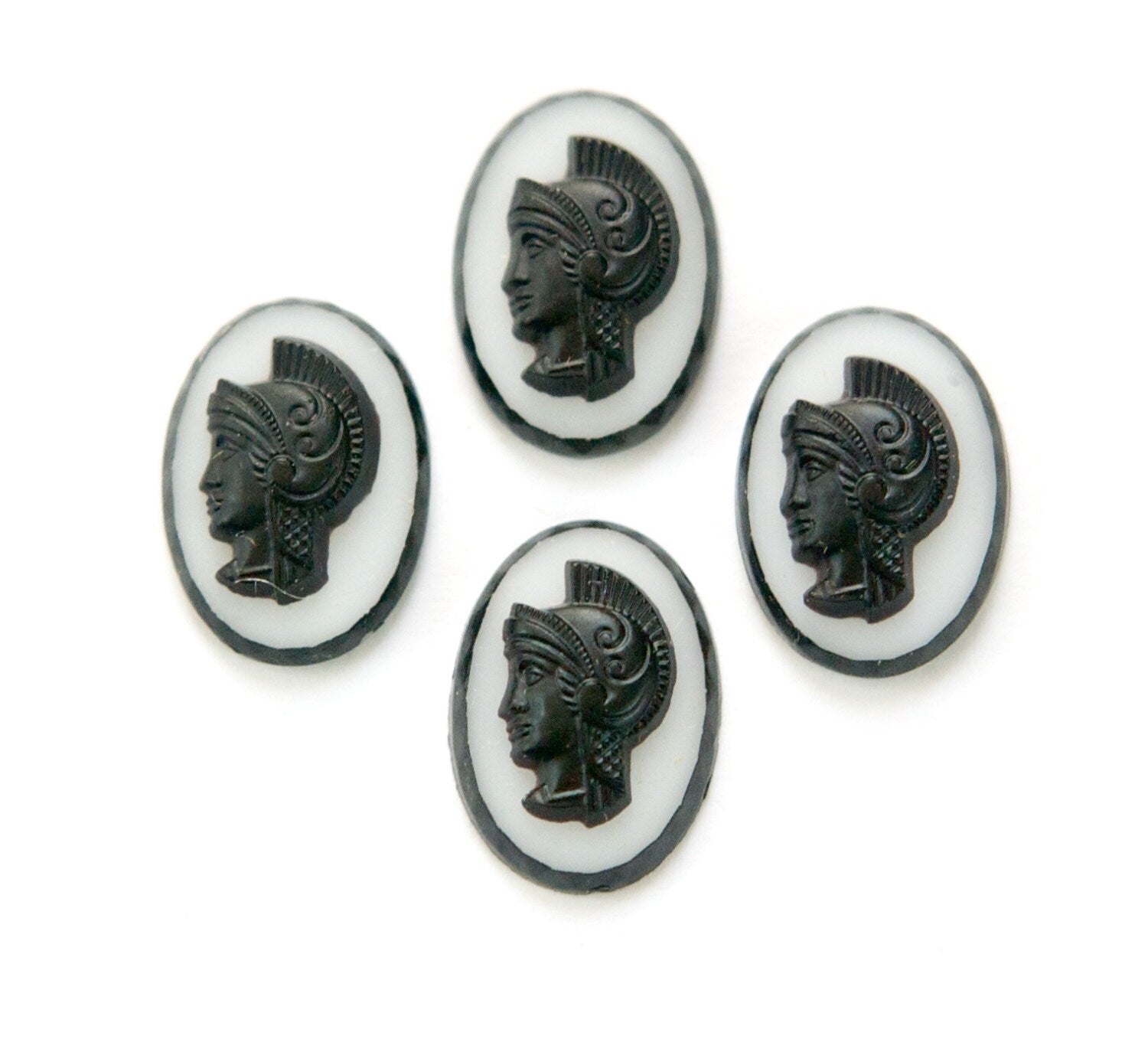 Vintage Matte Black Warrior on White Glass Cabochon 18mm x 13mm (4) cab221A