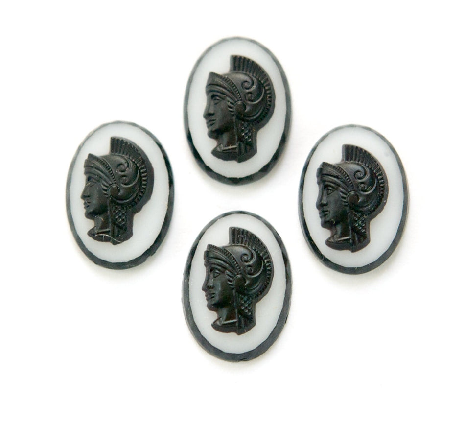Vintage Matte Black Warrior on White Glass Cabochon 18mm x 13mm (4) cab221A