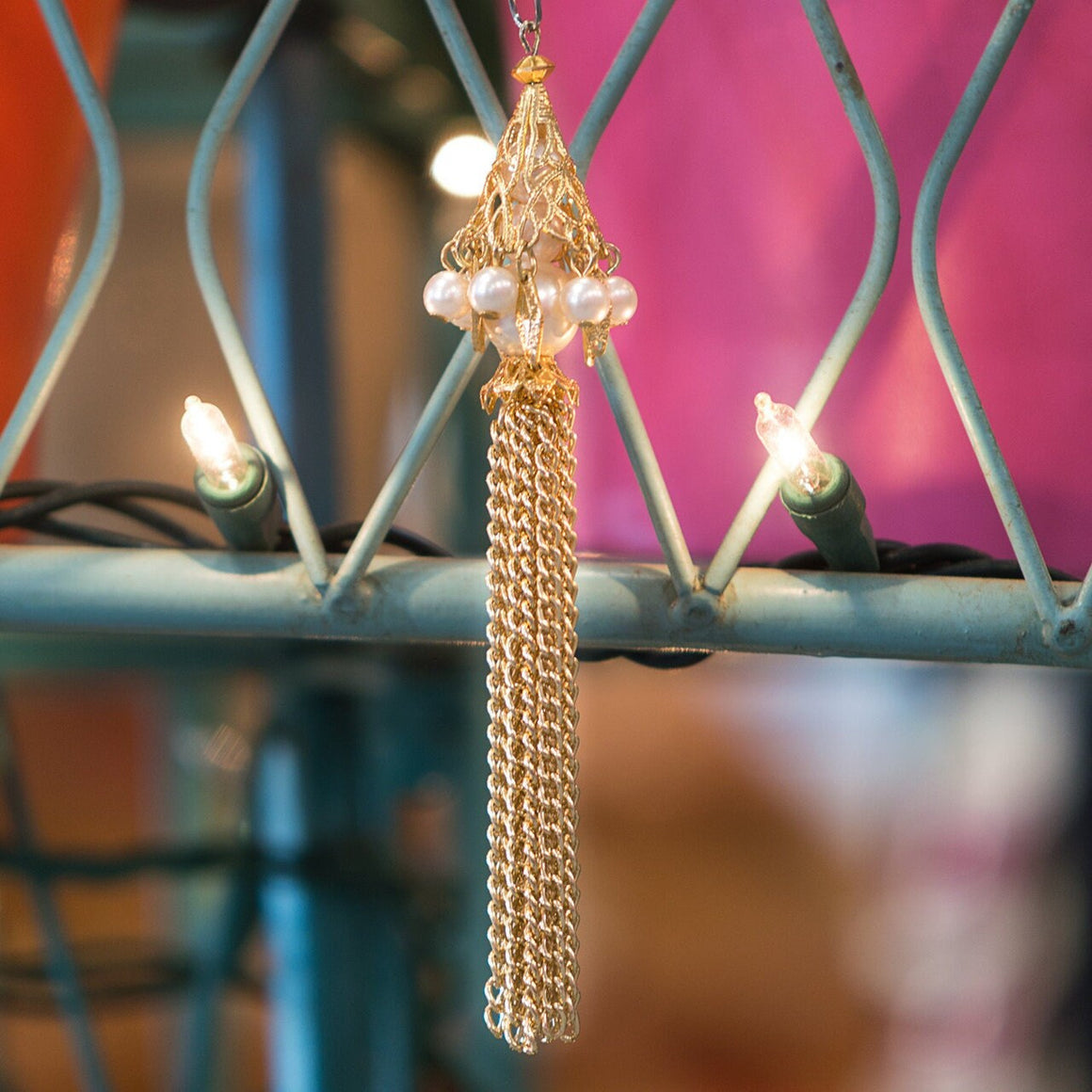 Vintage Long Pearl and Gold Tone Chain Tassel Pendant with Adornments pnd159