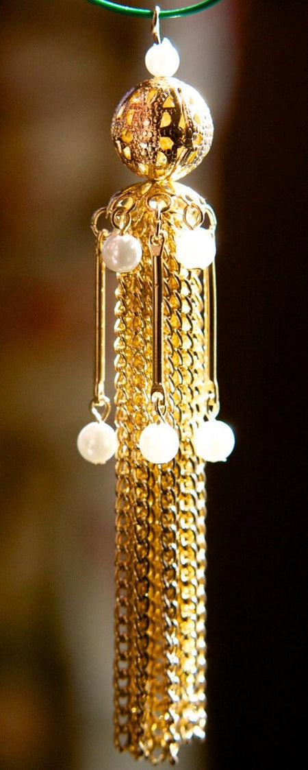 Vintage Long Pearl and Gold Tone Chain Tassel Pendant with Adornments pnd159B