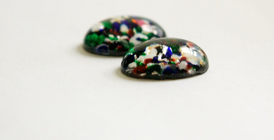 Black Multi-Colored Chunky Foil Opal Glass Oval Cabochons 18x13mm (2) cab5005J