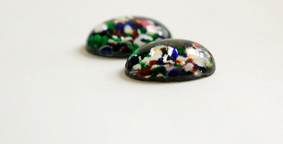 Black Multi-Colored Chunky Foil Opal Glass Oval Cabochons 18x13mm (2) cab5005J