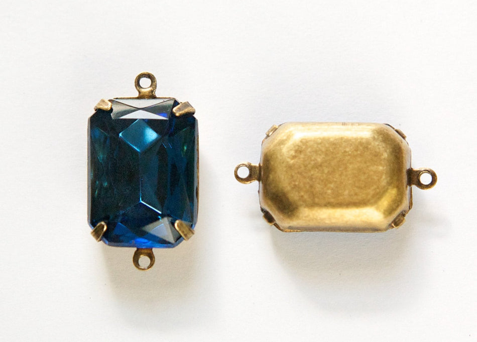 Vintage Montana Blue Faceted Stones 2 Loop Brass Ox Settings 18x13mm squ015GG2