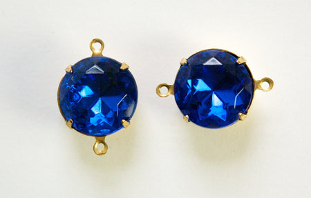 Vintage Sapphire Faceted Glass Stones 2 Loop Brass Settings 15mm rnd012C2