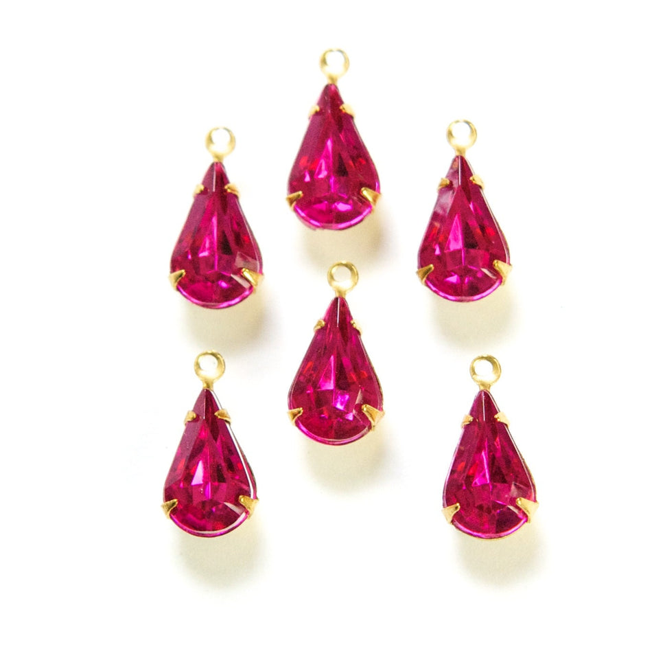 Vintage Fuchsia Acrylic Teardrop Stone 1 Loop Brass Setting (6) par013A