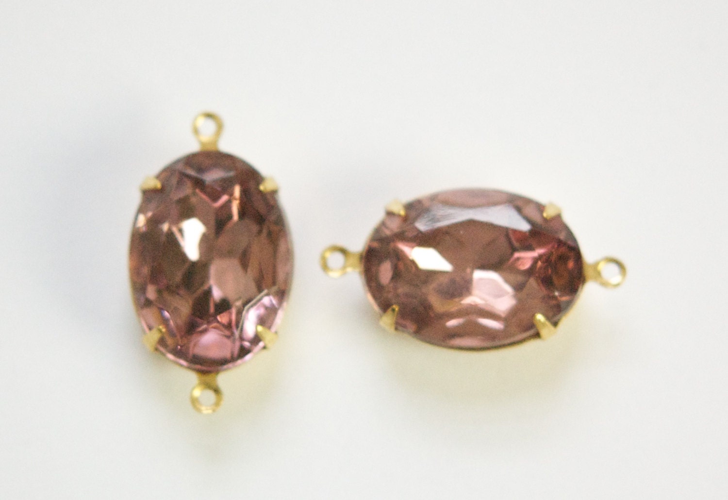 Vintage Faceted Smokey Light Amethyst Stones 2 Loop Brass Setting 18x13mm ovl003WW2