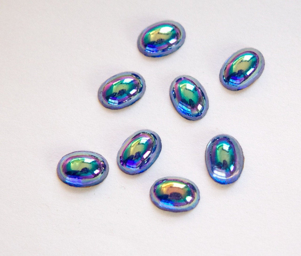 Vintage Sapphire Blue AB Foiled Glass Cabochons 8x6mm (8) cab575CC