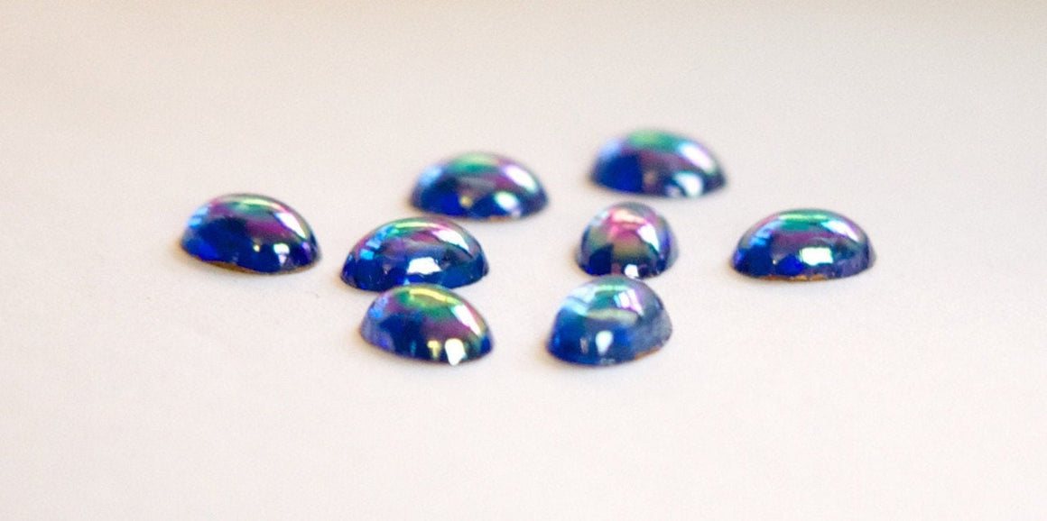 Vintage Sapphire Blue AB Foiled Glass Cabochons 8x6mm (8) cab575CC