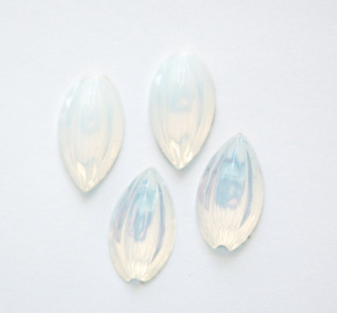 Vintage White Opal Etched Glass Leaf Cabochons Germany 17mm X 10mm (4) cab519C