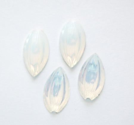 Vintage White Opal Etched Glass Leaf Cabochons Germany 17mm X 10mm (4) cab519C
