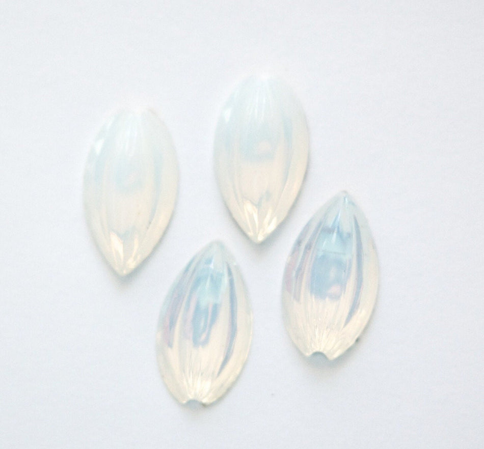 Vintage White Opal Etched Glass Leaf Cabochons Germany 17mm X 10mm (4) cab519C