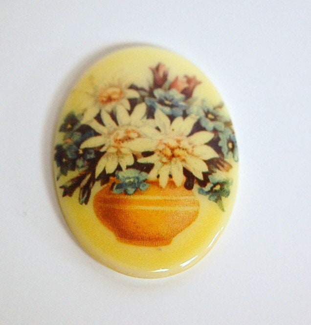 Vintage Glass Cabochon Bowl of Flowers 40x30mm cab680D