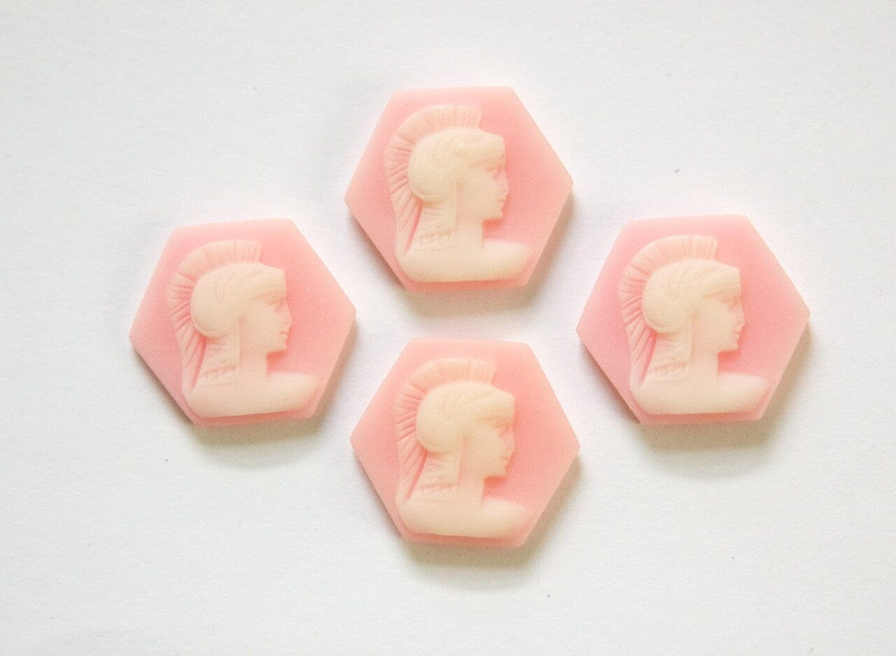 Vintage Off White Warrior on Pink Hexagon Base Cabochon 17mm cab650A