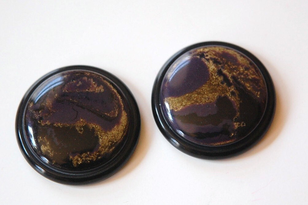 Vintage Black Purple and Gold Swirled Acrylic Cabochons 30mm cab639