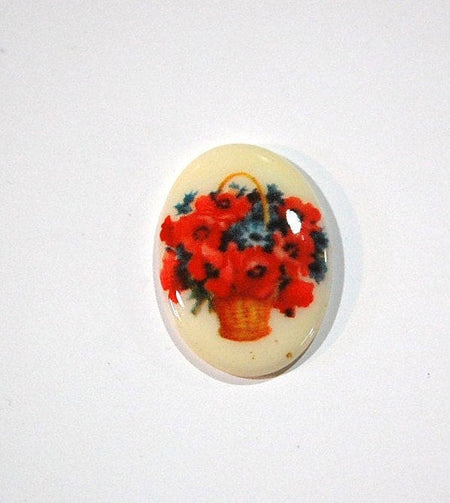 Vintage Glass Cabochon Basket of Flowers 25x18mm (1) cab680F