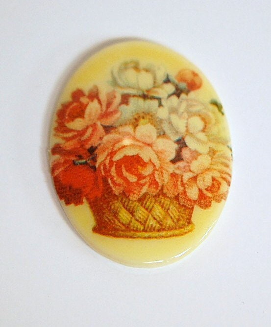 Vintage Glass Cabochon Basket of Peony Flowers 40x30mm cab680B