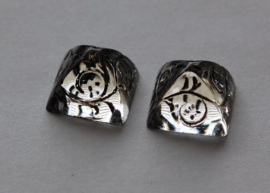 12mm Clear Glass Etched with Black Pyramid Cabochons (2) cab580H
