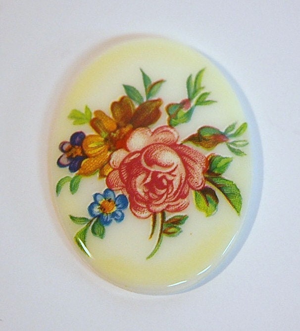 Vintage Pink Rose Floral Glass Cabochon 40x30mm cab683B