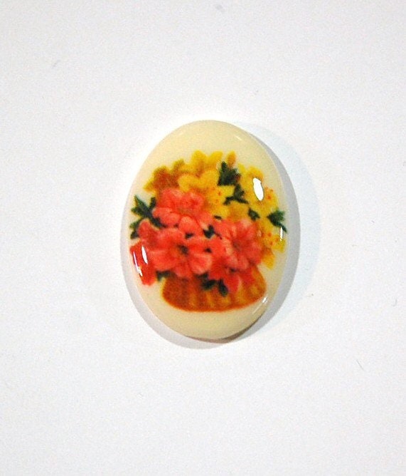 Vintage Glass Cabochon Basket of Flowers 25x18mm cab680L