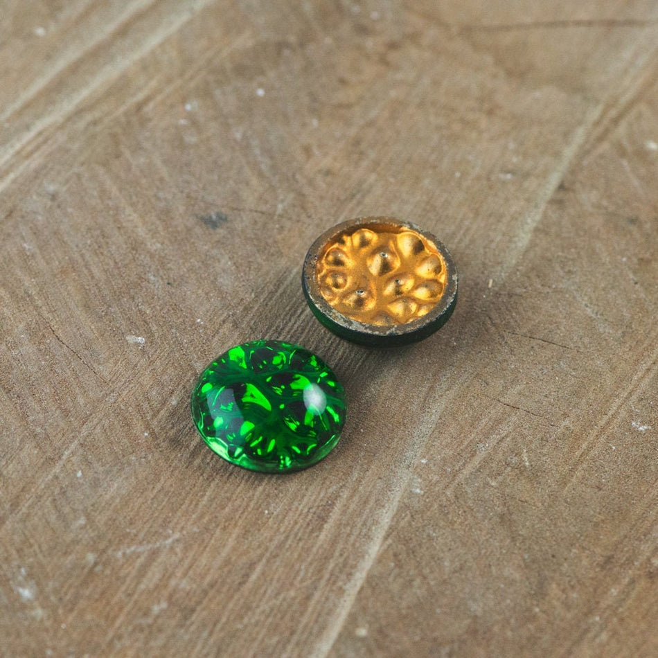 Vintage Emerald Green Textured Back Glass Cabochons 15mm (2) cab559