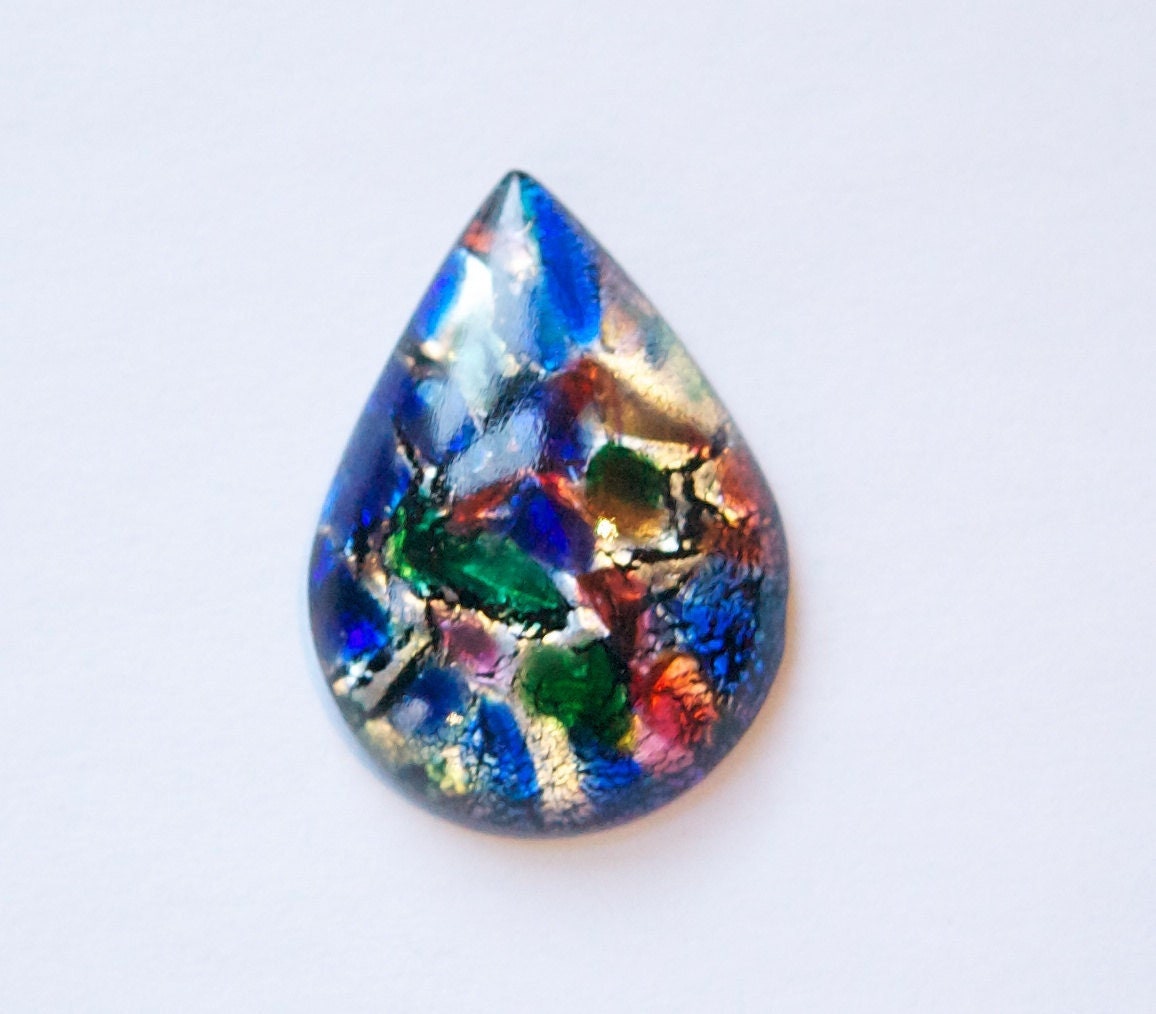 Vintage Blue and Green with Silver Opal Glass Teardrop Cabochon 30x22mm cab555J
