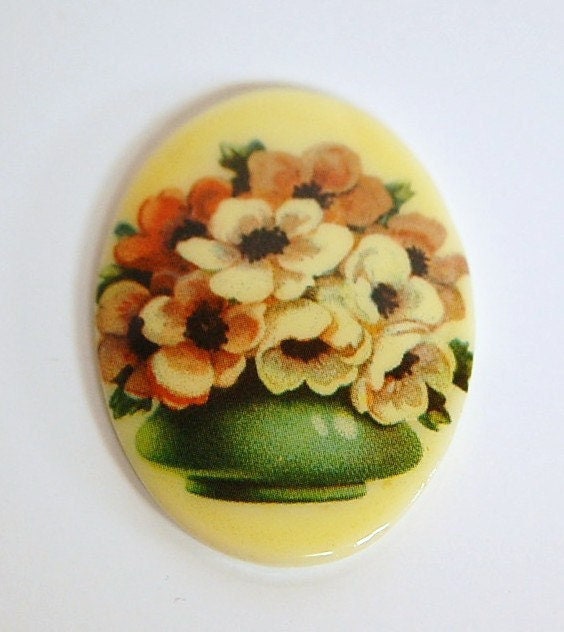 Vintage Glass Cabochon Bowl of White Mauve Flowers 40x30mm cab680C