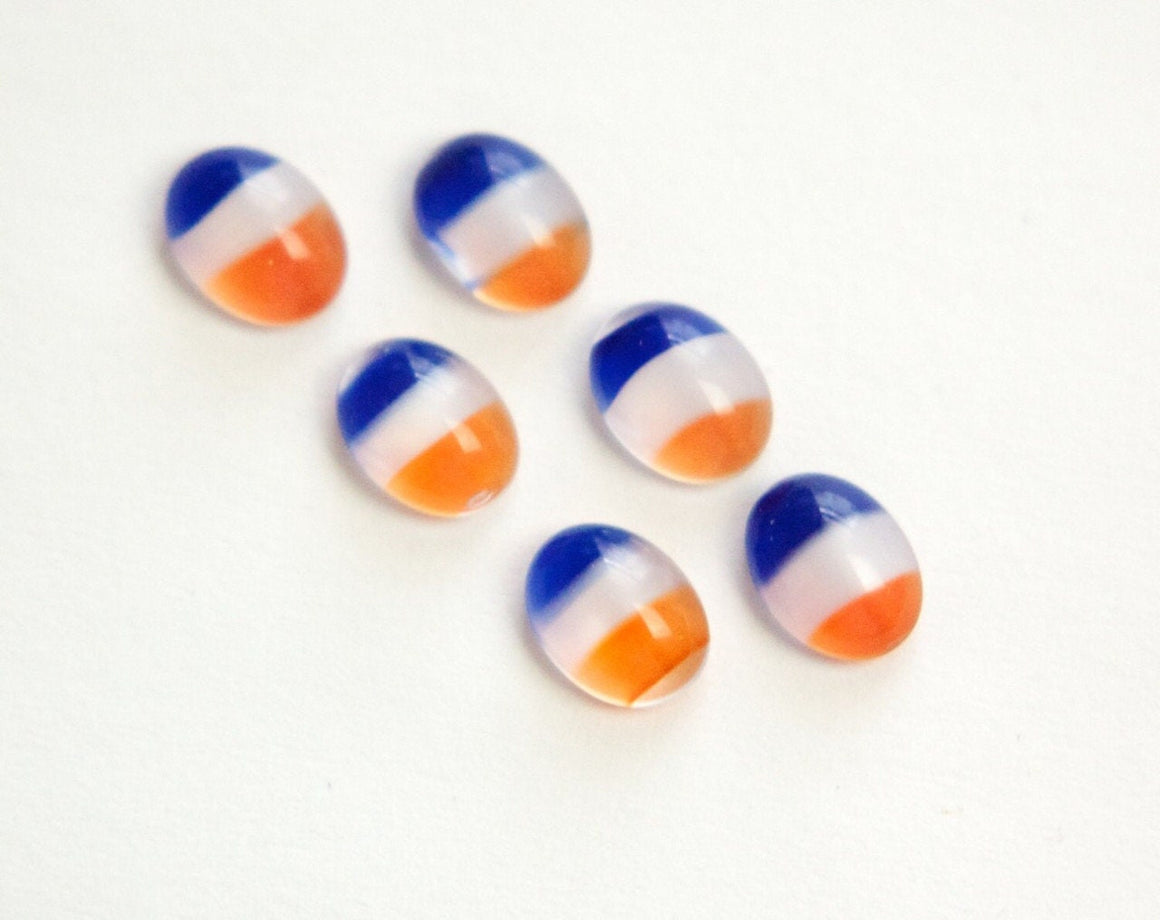 Vintage Orangish Red White Blue Glass Cabochons 8mm X 6mm (8) cab575DD