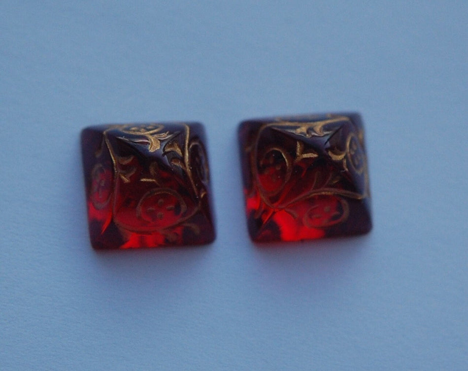 12mm Ruby Red Glass Etched with Gold Pyramid Cabochons (2) cab580A