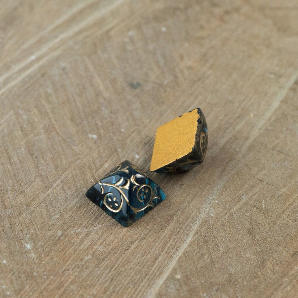 12mm Montana Blue Glass Etched with Gold Pyramid Cabochons (2) cab580J
