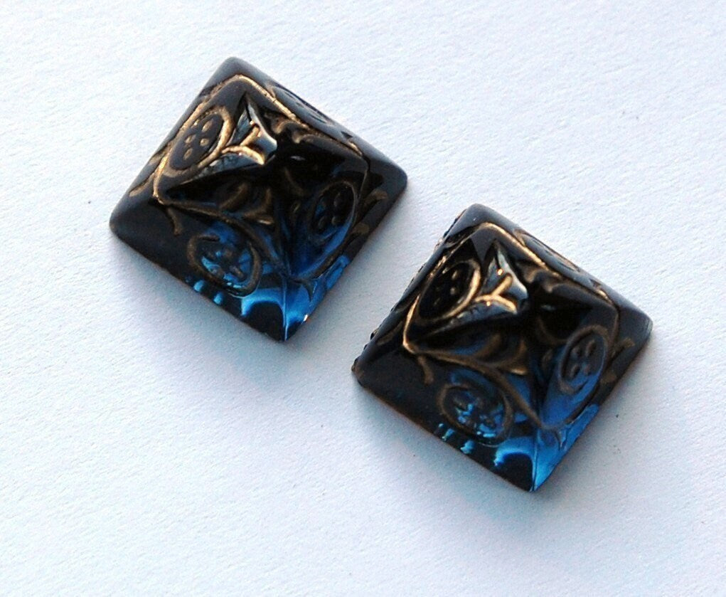 12mm Montana Blue Glass Etched with Gold Pyramid Cabochons (2) cab580J