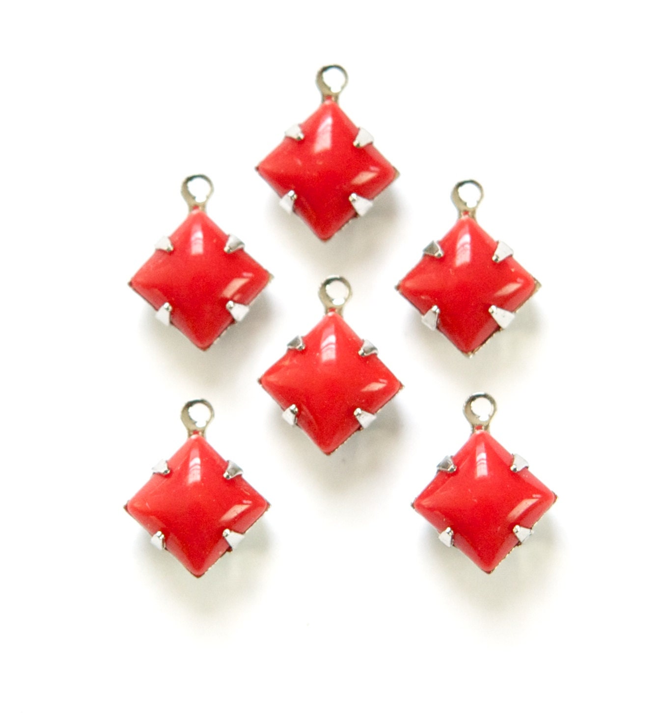 Vintage Opaque Red Square Glass Stones 1 Loop Silver Setting 8mm squ008EE