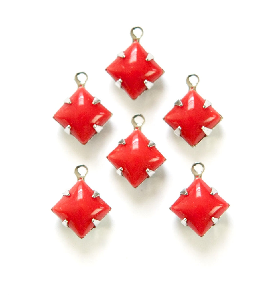 Vintage Opaque Red Square Glass Stones 1 Loop Silver Setting 8mm squ008EE