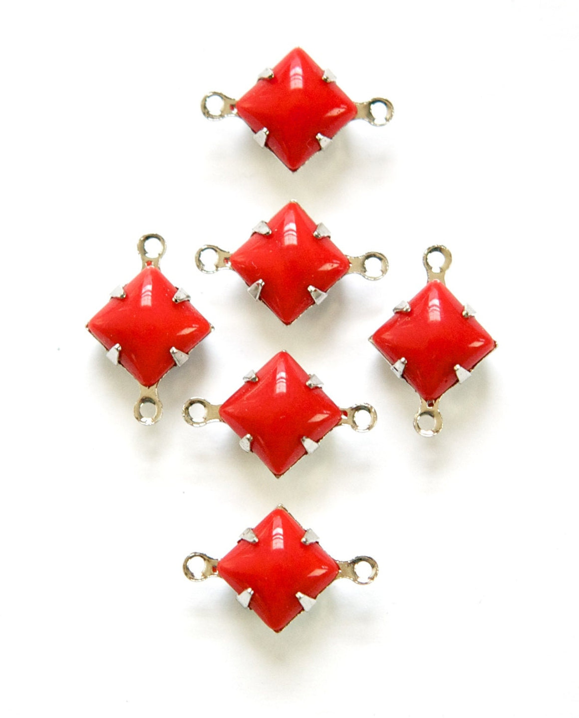 Vintage Opaque Red Square Glass Stones 2 Loop Silver Setting 8mm squ008EE2