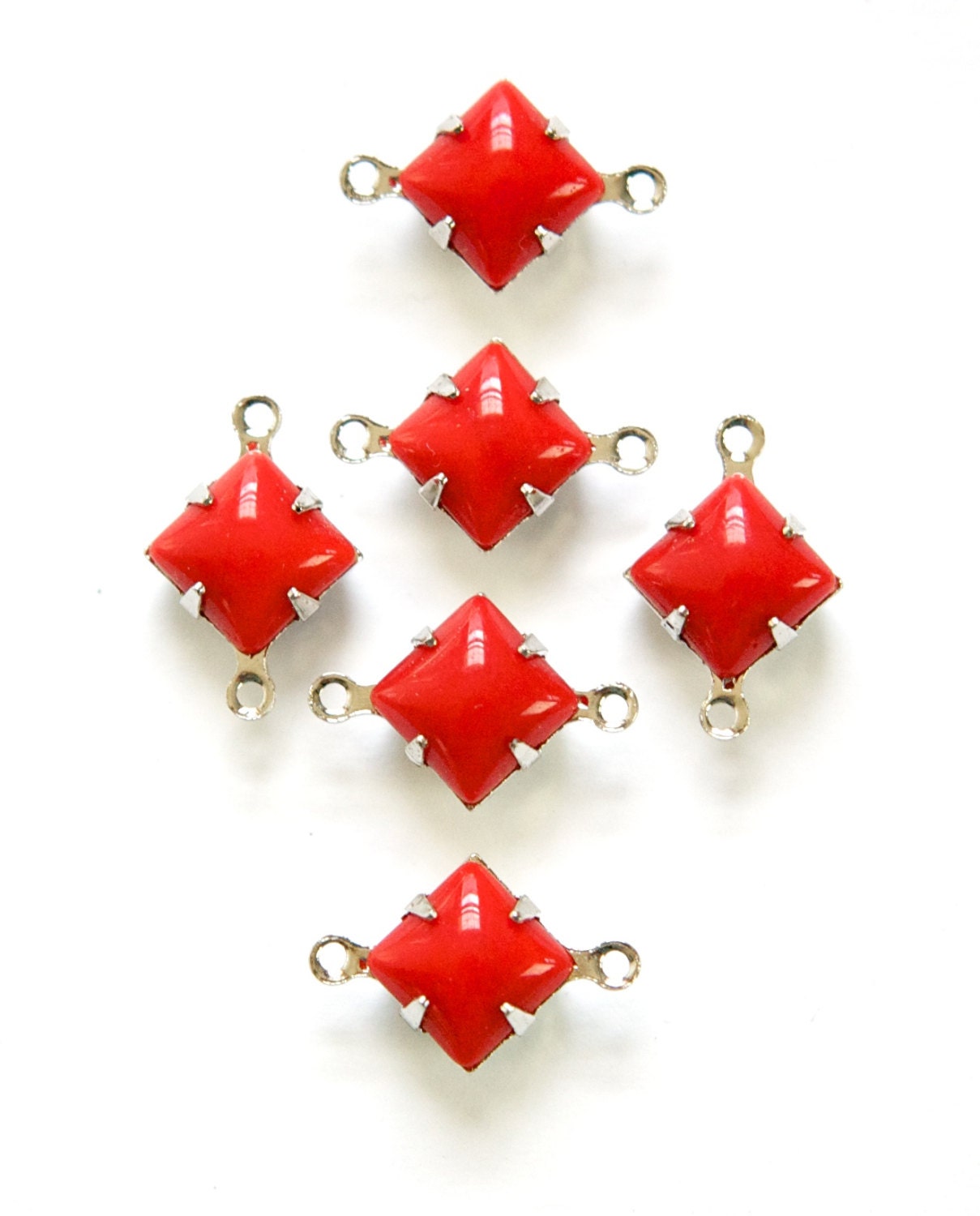 Vintage Opaque Red Square Glass Stones 2 Loop Silver Setting 8mm squ008EE2