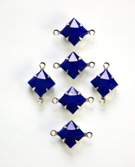 Opaque Blue Faceted Square Glass Stones 2 Loop Silver Setting 8mm squ008G2