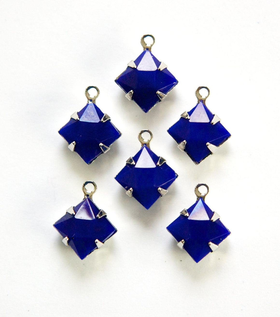 Opaque Blue Faceted Square Glass Stones 1 Loop Silver Setting 8mm squ008G